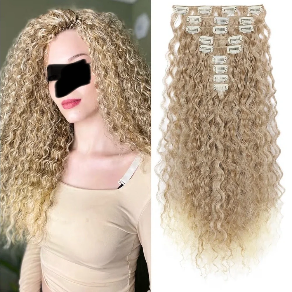 HAIR, 22”, 9PCS Clip in Hair Extensions Curly Long Soft Blonde to Light Blonde - Picture 2 of 11